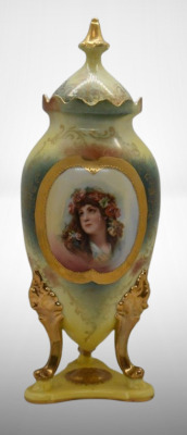 Mrkd. Royal Saxe Germany 12"h cov. vase, portrait of woman w/ flower garland in hair