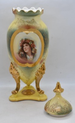 Mrkd. Royal Saxe Germany 12"h cov. vase, portrait of woman w/ flower garland in hair - 4