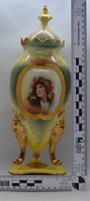 Mrkd. Royal Saxe Germany 12"h cov. vase, portrait of woman w/ flower garland in hair - 9