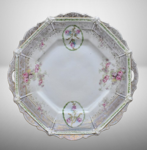 R.S. Prussia Mold 333 9.5"d cake plate, pink roses, red mark