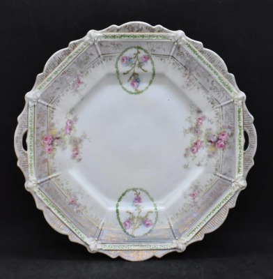 R.S. Prussia Mold 333 9.5"d cake plate, pink roses, red mark - 3