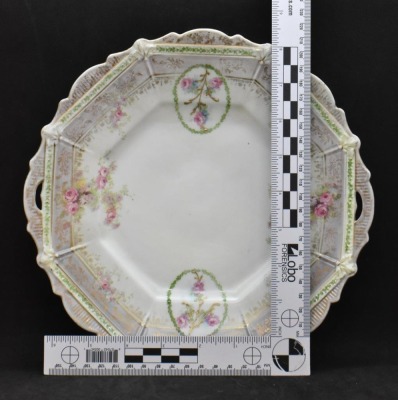 R.S. Prussia Mold 333 9.5"d cake plate, pink roses, red mark - 8