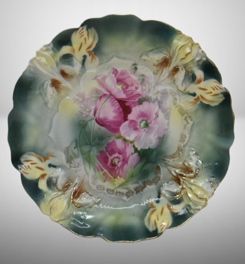 R.S. Prussia Iris Mold 9"d plate, pink poppies, red mark