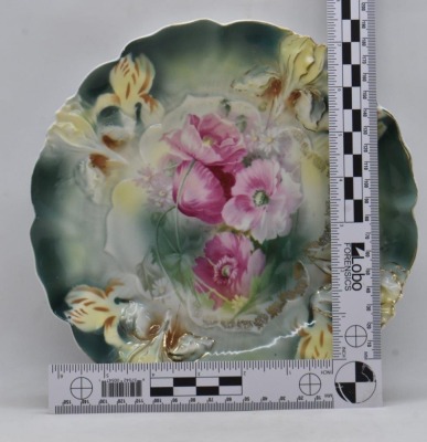 R.S. Prussia Iris Mold 9"d plate, pink poppies, red mark - 5