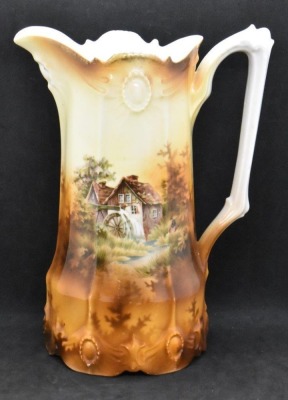 R.S. Prussia Ribbon and Jewel 9.5" pitcher, Mill scene - 2