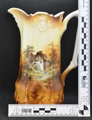 R.S. Prussia Ribbon and Jewel 9.5" pitcher, Mill scene - 9