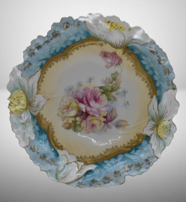 R.S. Prussia 10.5"d bowl, pink and yellow roses, circle mold mark