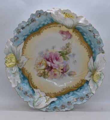 R.S. Prussia 10.5"d bowl, pink and yellow roses, circle mold mark - 3