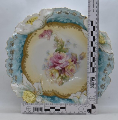 R.S. Prussia 10.5"d bowl, pink and yellow roses, circle mold mark - 7