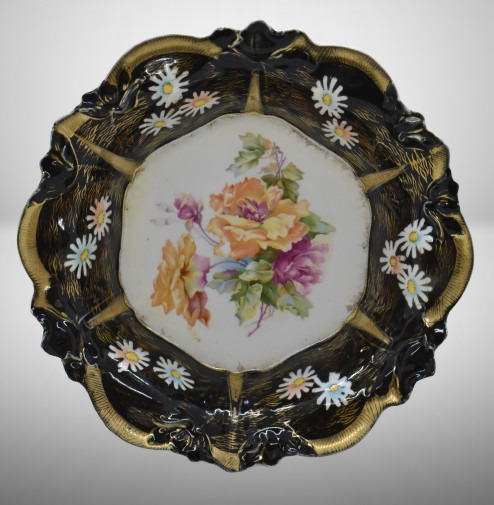 R.S. Prussia 10.5"d bowl, Steeple Mold 2, multi-colored flowers/ heavy black border, circle mold mark