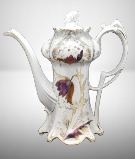 R.S. Prussia Mold 643 9"h coffee pot, irid. colored tulip-like flowers