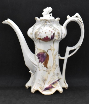 R.S. Prussia Mold 643 9"h coffee pot, irid. colored tulip-like flowers - 2