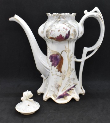 R.S. Prussia Mold 643 9"h coffee pot, irid. colored tulip-like flowers - 7