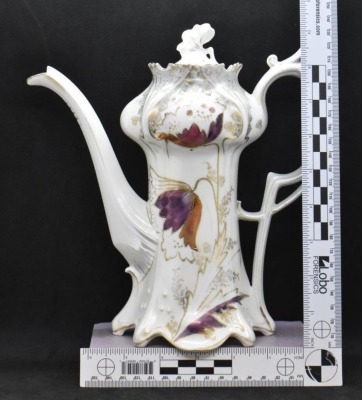 R.S. Prussia Mold 643 9"h coffee pot, irid. colored tulip-like flowers - 9