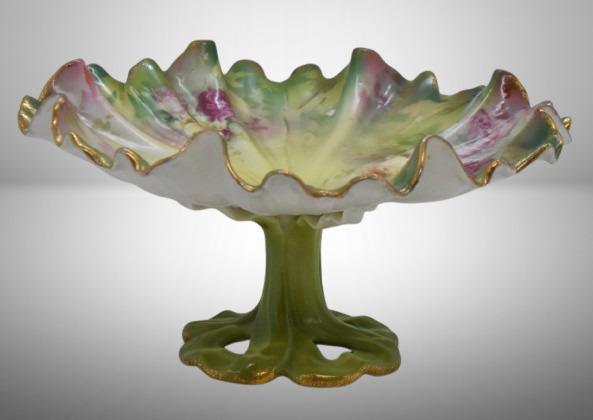 Handpainted porcelain 4"h flower petal-shaped compote, roses