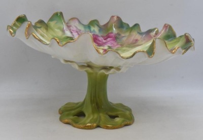 Handpainted porcelain 4"h flower petal-shaped compote, roses - 3