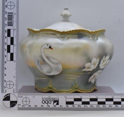 R.S. Prussia Mold 510 cracker jar, Swan on Lake, red mark - 11