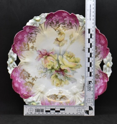 R.S. Prussia Lily Mold 11"d cake plate, yellow roses, circle mold mark - 6