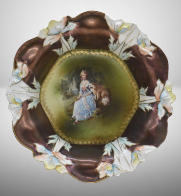 R.S. Prussia 10.5"d bowl, Steeple Mold 2, Lady seated w/ Dog, circle mold mark