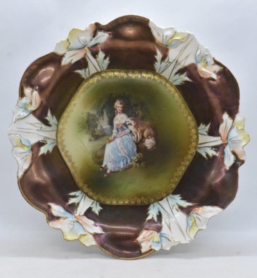 R.S. Prussia 10.5"d bowl, Steeple Mold 2, Lady seated w/ Dog, circle mold mark - 3