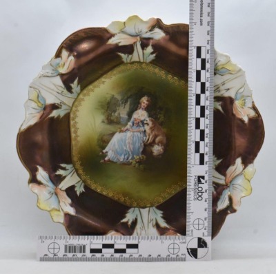 R.S. Prussia 10.5"d bowl, Steeple Mold 2, Lady seated w/ Dog, circle mold mark - 7