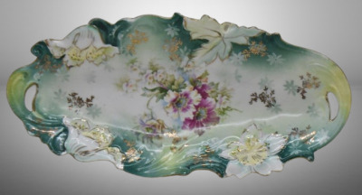 R.S. Prussia relish dish, 9.25"l x 4.5"w, mixed flowers