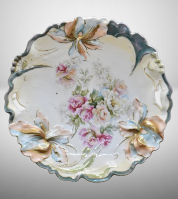 Mrkd. R.S. Germany 10"d cake plate, mixed floral design, Iris mold variation