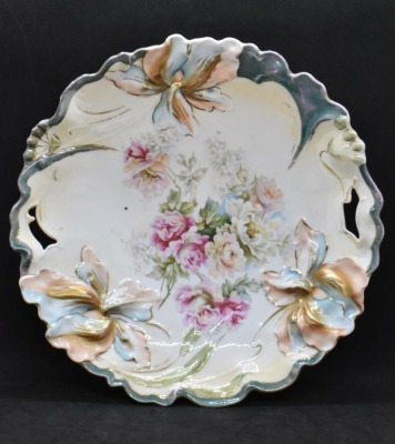 Mrkd. R.S. Germany 10"d cake plate, mixed floral design, Iris mold variation - 3