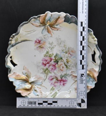 Mrkd. R.S. Germany 10"d cake plate, mixed floral design, Iris mold variation - 7