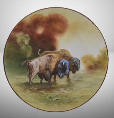 Mrkd. Nippon 10.5"d hanging plaque plate w/ pair of blown-out buffalo