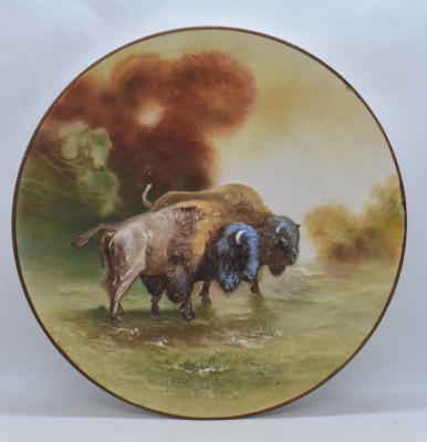 Mrkd. Nippon 10.5"d hanging plaque plate w/ pair of blown-out buffalo - 3