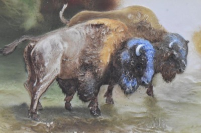 Mrkd. Nippon 10.5"d hanging plaque plate w/ pair of blown-out buffalo - 4