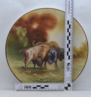 Mrkd. Nippon 10.5"d hanging plaque plate w/ pair of blown-out buffalo - 7