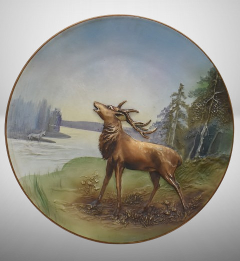 Mrkd. Nippon 10.5"d hanging plaque plate w/ blown-out stag