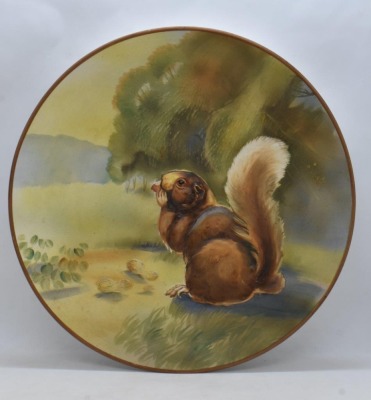 Mrkd. Nippon 10.5"d hanging plaque plate w/ blown-out squirrel - 3