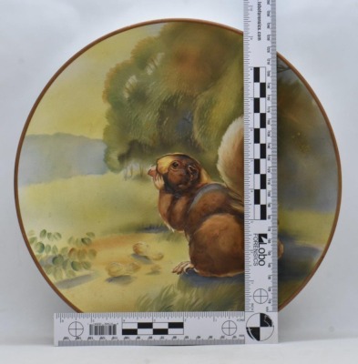 Mrkd. Nippon 10.5"d hanging plaque plate w/ blown-out squirrel - 7