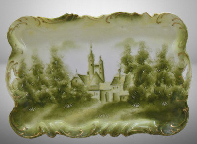 Prussia-style 10" x 7" dresser tray, church and village scene on green tones