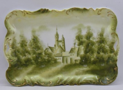 Prussia-style 10" x 7" dresser tray, church and village scene on green tones - 3