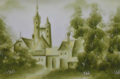 Prussia-style 10" x 7" dresser tray, church and village scene on green tones - 4