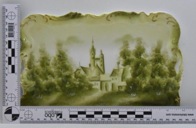 Prussia-style 10" x 7" dresser tray, church and village scene on green tones - 7