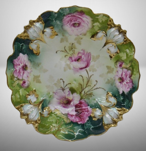 R.S. Prussia Iris Mold 9.5"d plate, pink poppies, red mark