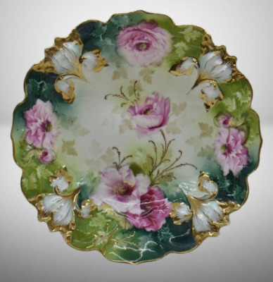 R.S. Prussia Iris Mold 9.5"d plate, pink poppies, red mark