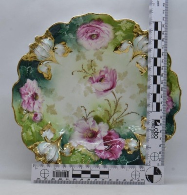 R.S. Prussia Iris Mold 9.5"d plate, pink poppies, red mark - 7