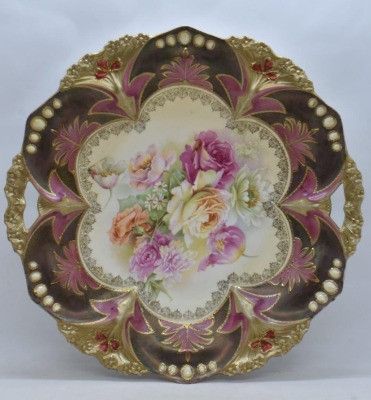 R.S. Prussia Mold 82 11"d cake plate, mixed flowers, red mark - 3