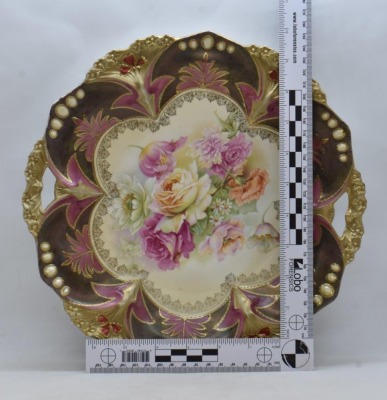 R.S. Prussia Mold 82 11"d cake plate, mixed flowers, red mark - 7