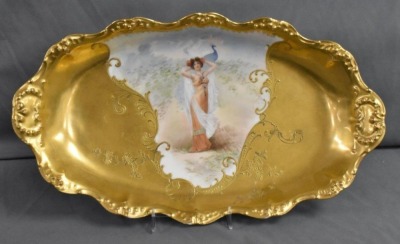 Mrkd. Limoges (France) 16"l x 9"w oval bowl featuring Lady w/ Peacock - 2