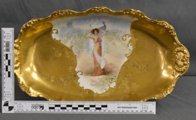 Mrkd. Limoges (France) 16"l x 9"w oval bowl featuring Lady w/ Peacock - 9