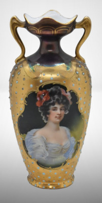 Mrkd. Prov Saxe 7" portrait vase, woman w/ flowers in hair, turquoise beading