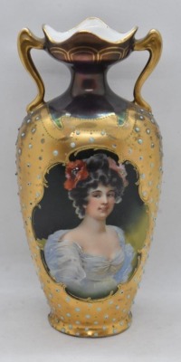 Mrkd. Prov Saxe 7" portrait vase, woman w/ flowers in hair, turquoise beading - 2