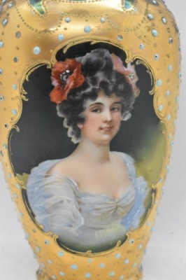 Mrkd. Prov Saxe 7" portrait vase, woman w/ flowers in hair, turquoise beading - 6